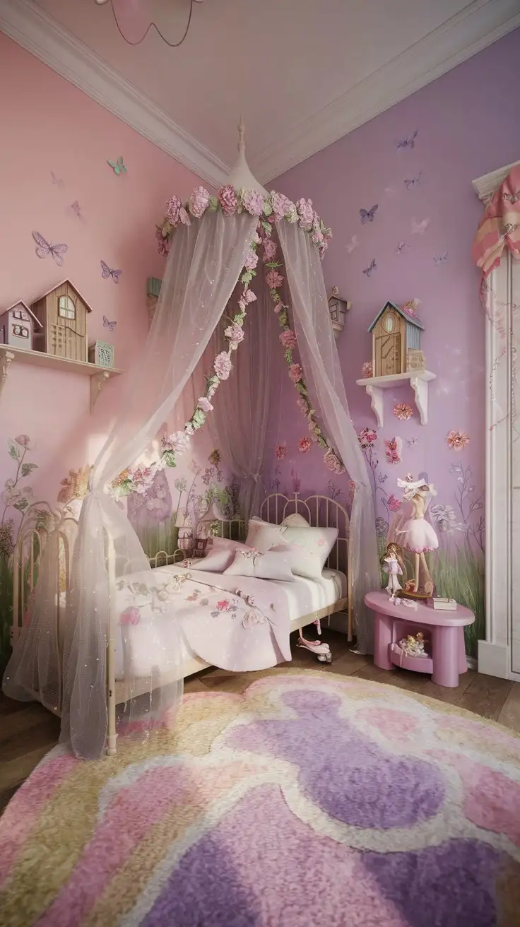 Wide shot, realistic interior of a kids' bedroom, fairy garden theme. Soft pastel pink and lavender walls.  A canopy bed draped with sheer white fabric and floral garlands.  Butterfly and flower decals on walls.  Fairy figurines and miniature houses on shelves.  Soft, plush rug in pastel colors.  Gentle, dreamy lighting. Whimsical and delicate atmosphere.