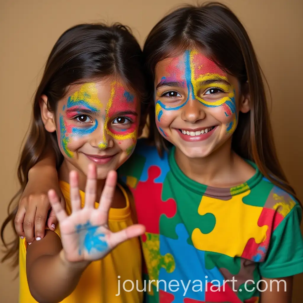 Children-with-PaintedAI-Image-Prompt-Expansion-Faces-Wearing-Puzzle-Pattern-Tops-in-Creative-Pose