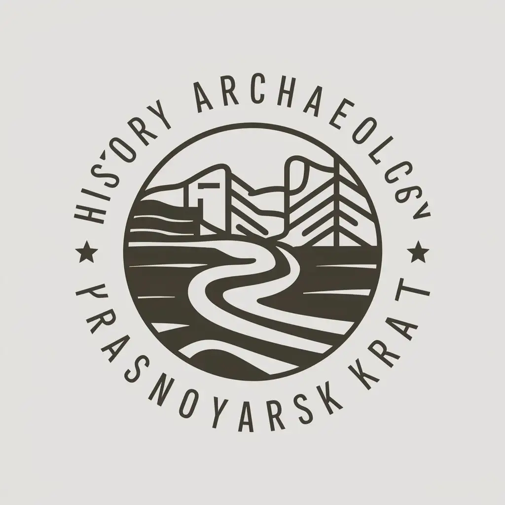 a vector logo design,with the text "History, archaeology, Krasnoyarsk Krai, rock art", main symbol:river,Moderate,clear background