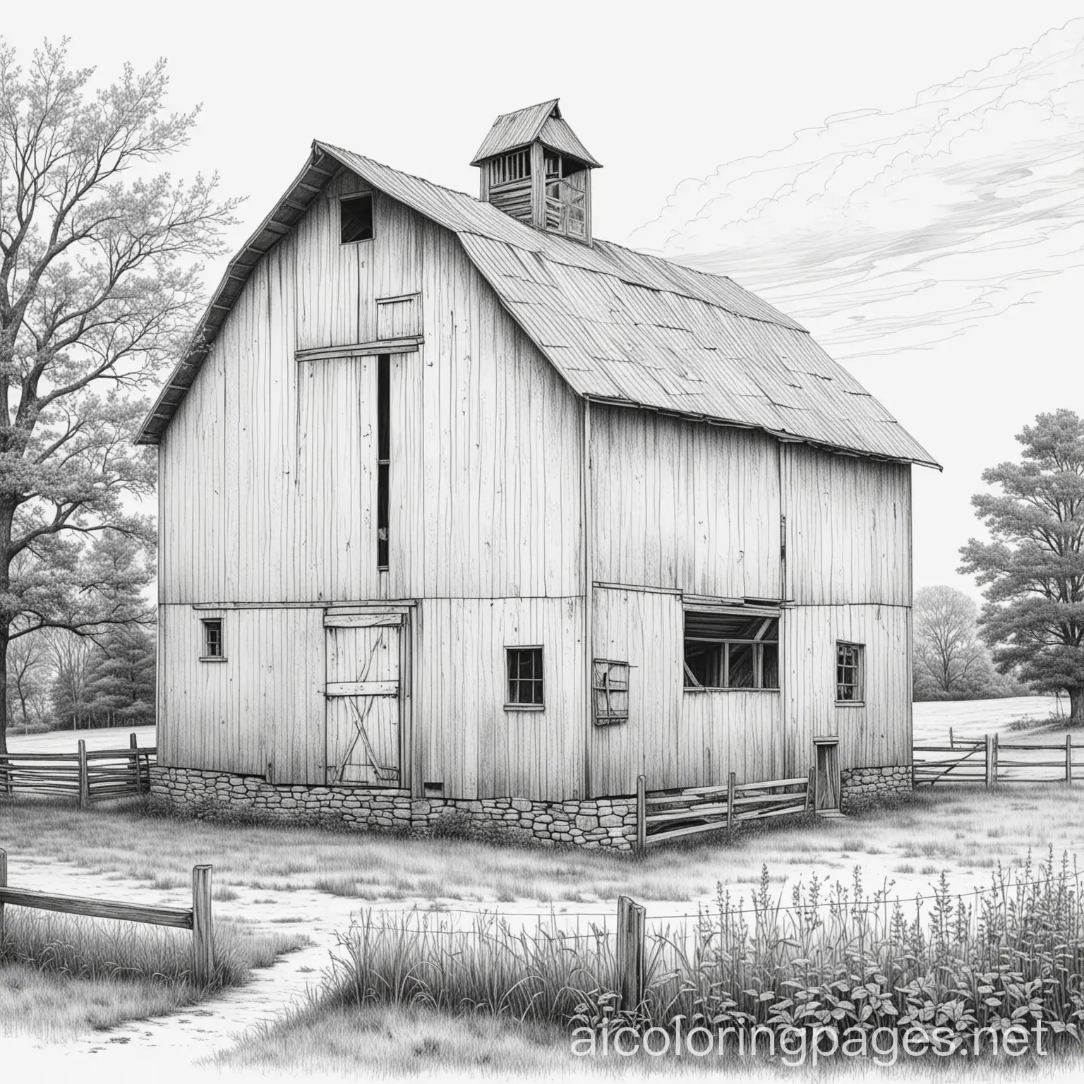 Old farm barn , Coloring Page, black and white, line art, white background, Simplicity, Ample White Space.