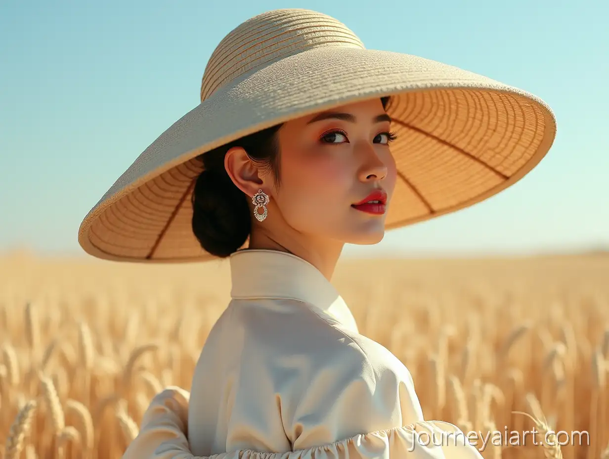 Asian-Woman-in-Period-Japanese-Clothes-withAI-Art-Prompt-Expansion-WesternInfluenced-Large-Headgear-in-Wheat-Field
