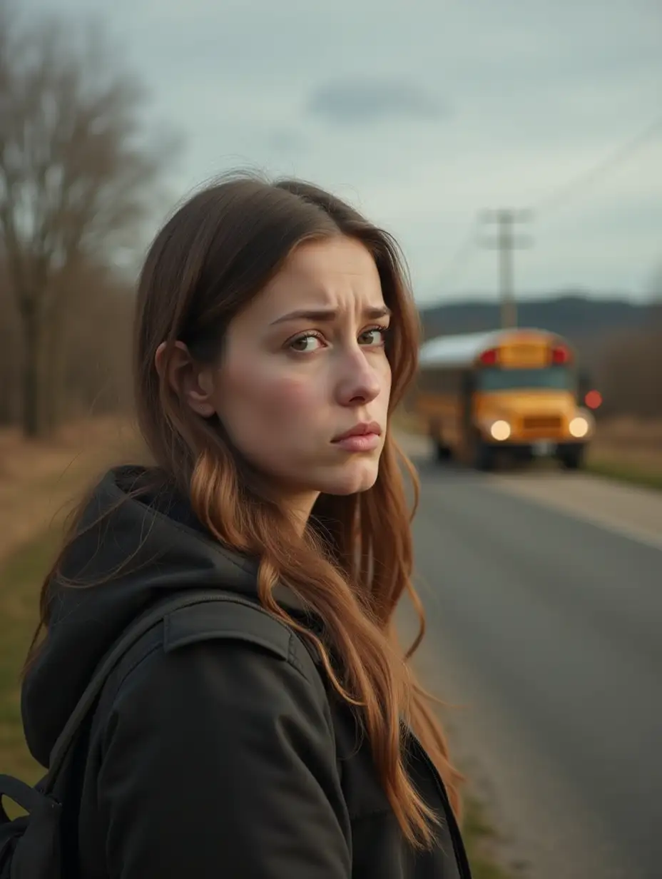 WorriedWorried-Woman-at-Bus-Stop-25YearOld-Woman-Waiting-for-School-Bus-at-Countryside-Bus-Stop