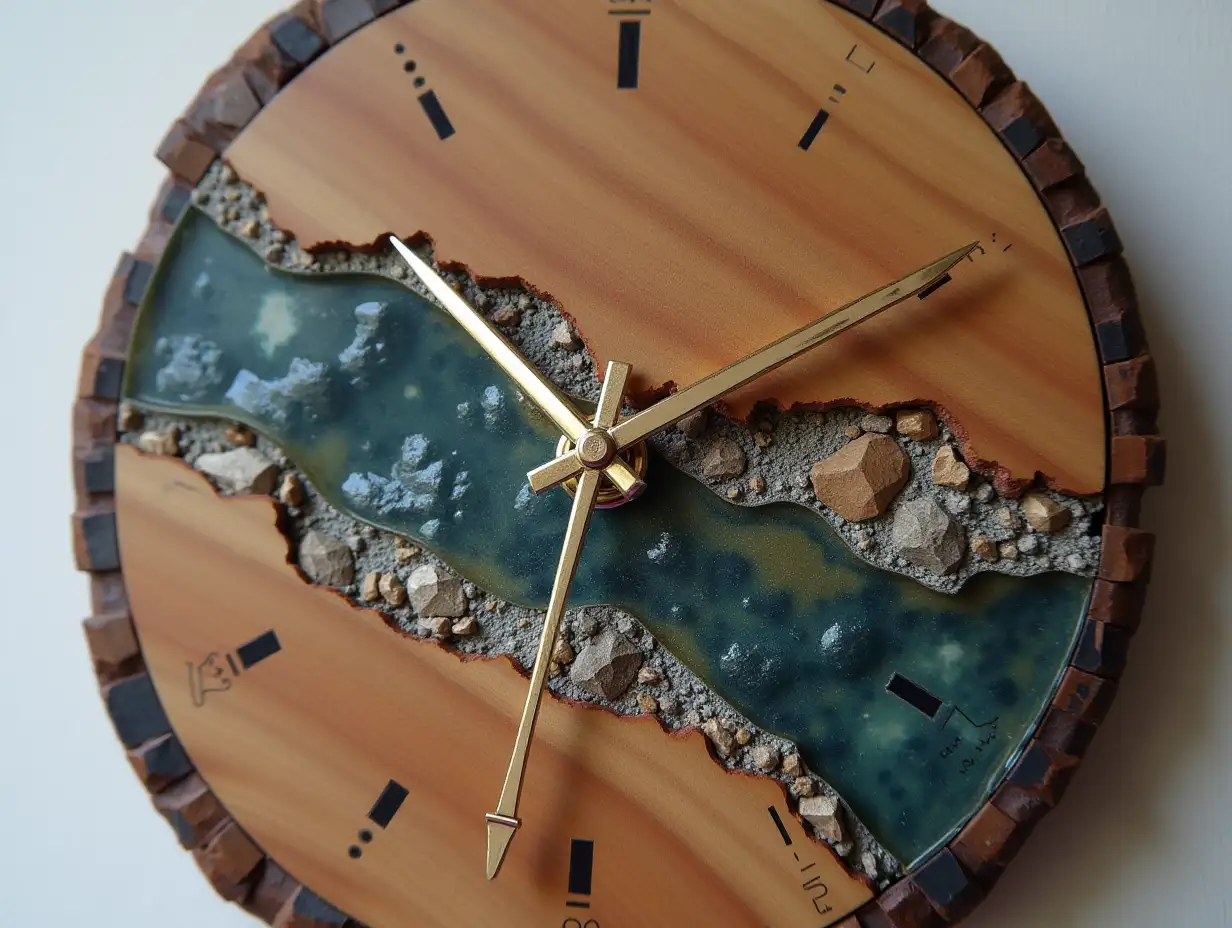 Clock made of resin mixed with wood, stone metal mutten, silver black screws, gold