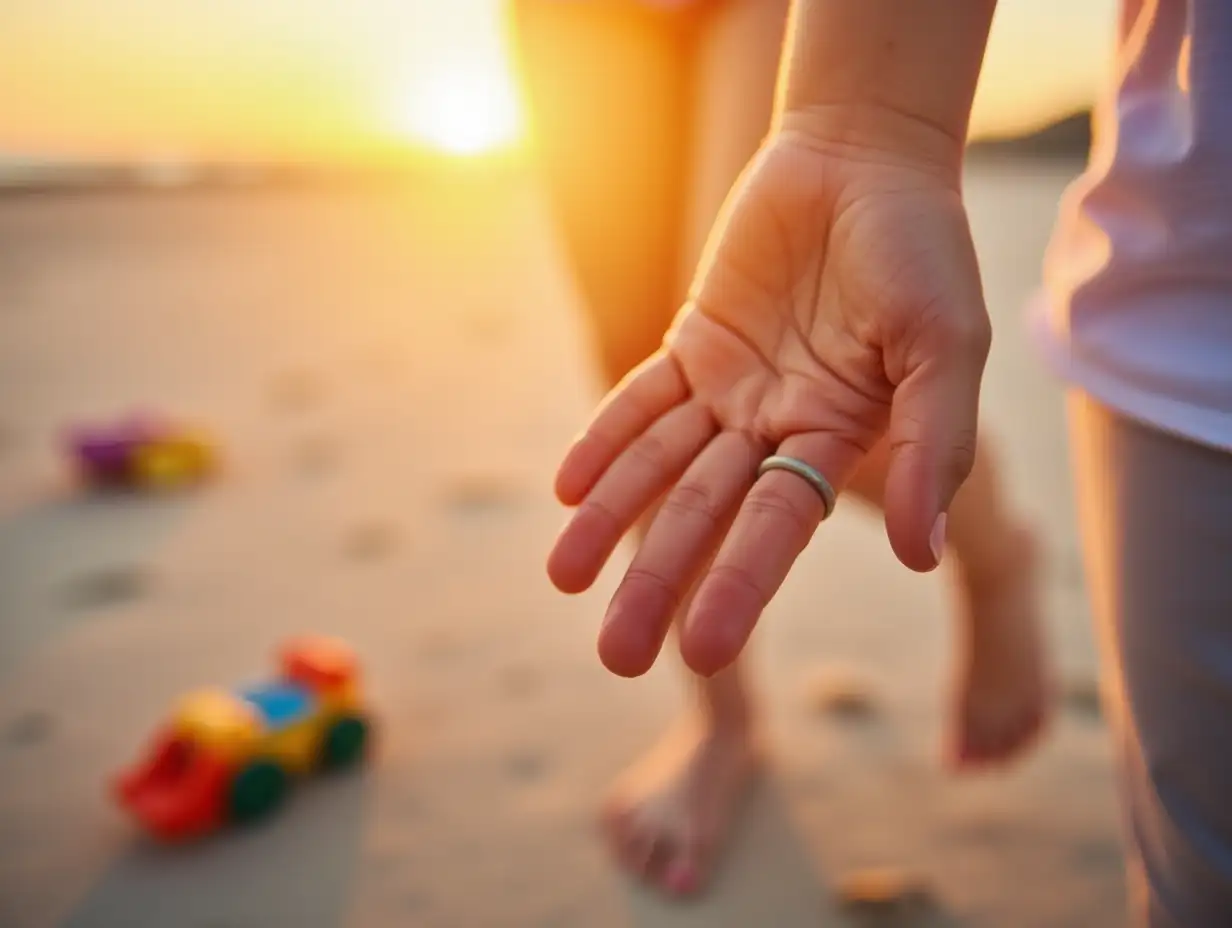 Child-Holding-Parents-Hand-on-Beach-withChild-and-Parent-at-Beach-Sunset-and-Toys