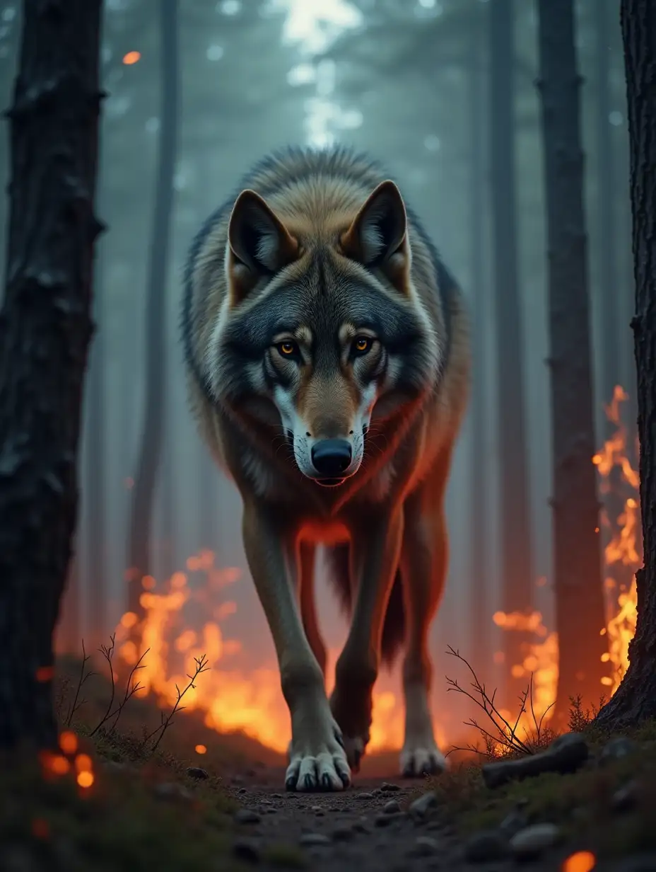 Giant wolf walk in forest fire