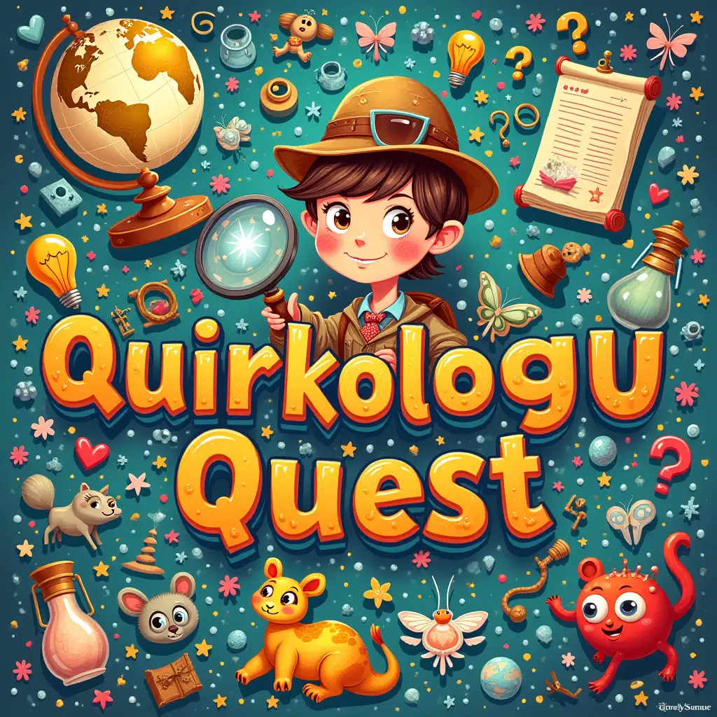 A whimsical and colorful illustration featuring a curious explorer with a magnifying glass, surrounded by a collage of quirky, intriguing objects like a vintage globe, unusual animals, fascinating artifacts, and quirky symbols of knowledge (like light bulbs and question marks). The background is vibrant and filled with swirling patterns that evoke a sense of adventure and discovery. The title 'Quirkology Quest' is playfully integrated into the design, using bold and fun typography.