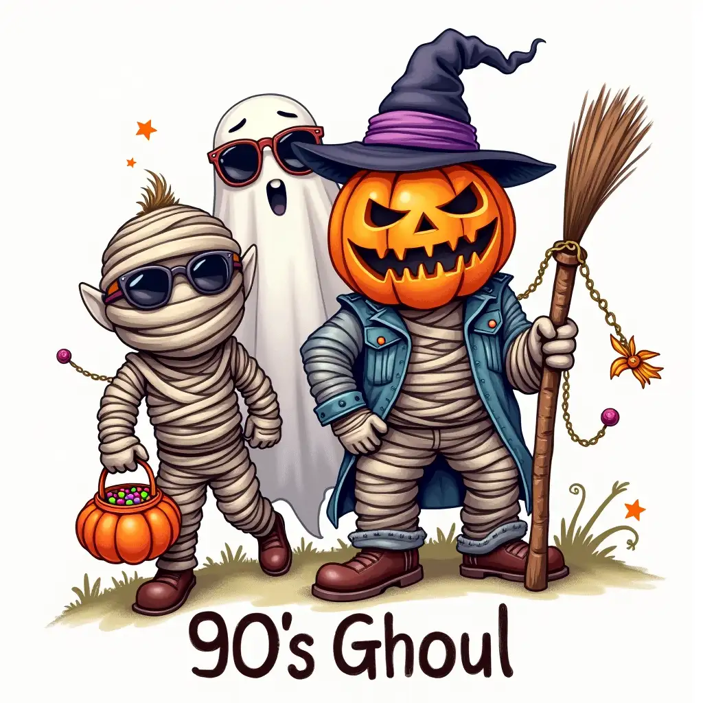 Vector illustration.Create a detailed, cartoonish image in a ‘90s style featuring classic Halloween characters. Include a jack-o’-lantern wearing a witch's hat, a ghost with sunglasses, another ghost carrying a candy bucket, and a mummy holding a broomstick. Use bold colors and dynamic poses. the text '90s Ghoul' below it. Watercolor style.