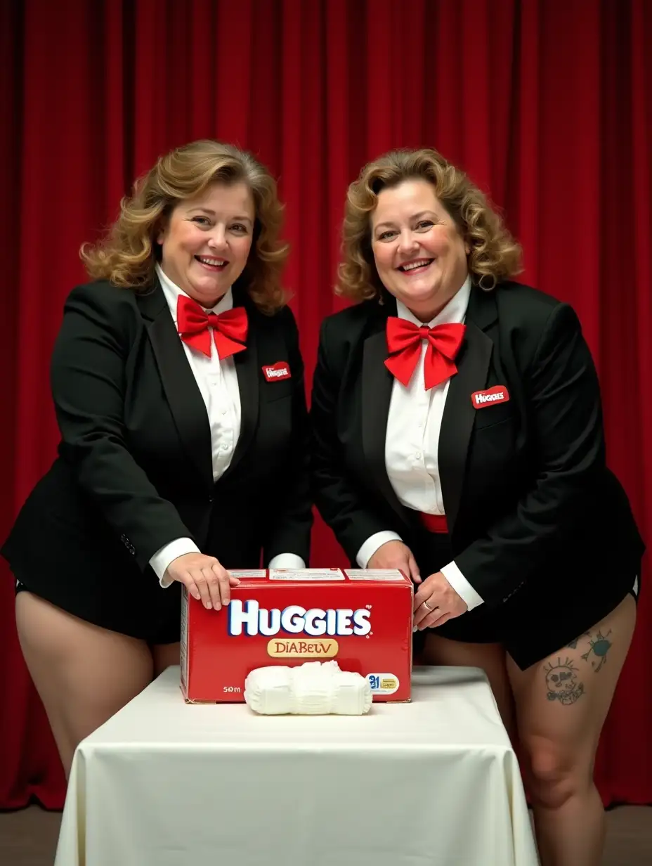 Two-Older-Caucasian-Women-in-Formal-Orchestra-Tuxedos-Presenting-Diapers-on-Stage