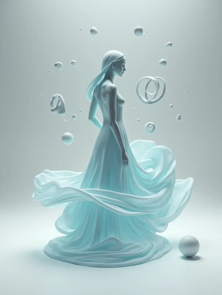 a silhouette of a mint blue girl in a silk background, gray-white quantum, sophistication, asymmetry, dynamics, double composition, 4d, drawing of glass curls, thin fabric, cosmic bodies, detail, high resolution, 64k, digital vector graphics, minimalism, side fractal white glaze, white metal, porcelain, white ball and a spiral hung in the air, a background gray gradient, surrealism, futurism, high detail