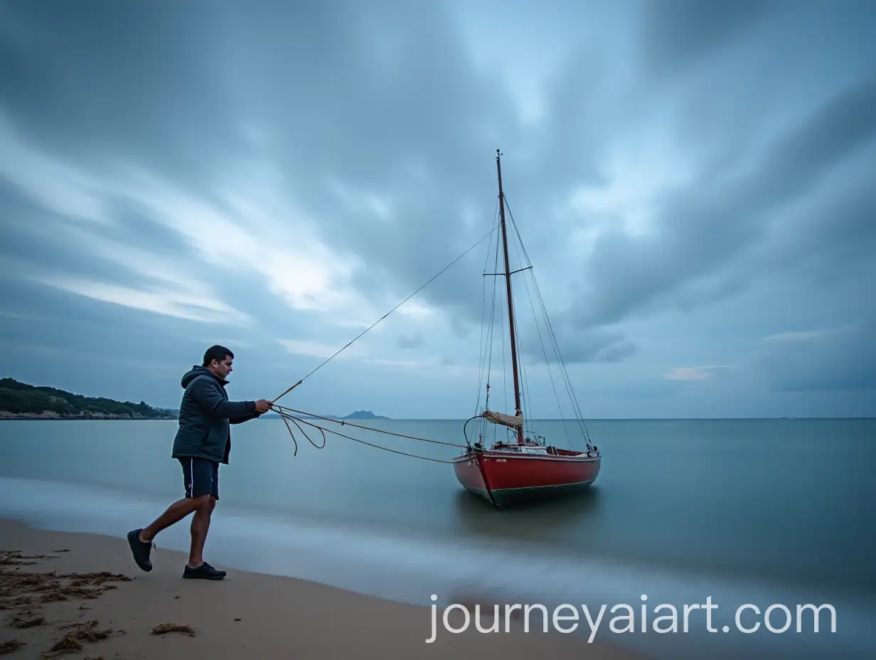 Sailor-Pulling-Boat-on-Beach-with-Dramatic-Cloudy-Sky
