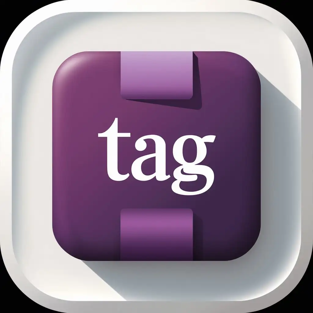 Create an icon design for the clothing selection app. It should look like a rectangle in the middle, which looks like a purple clothing label. Write the word "Tag" inside this label