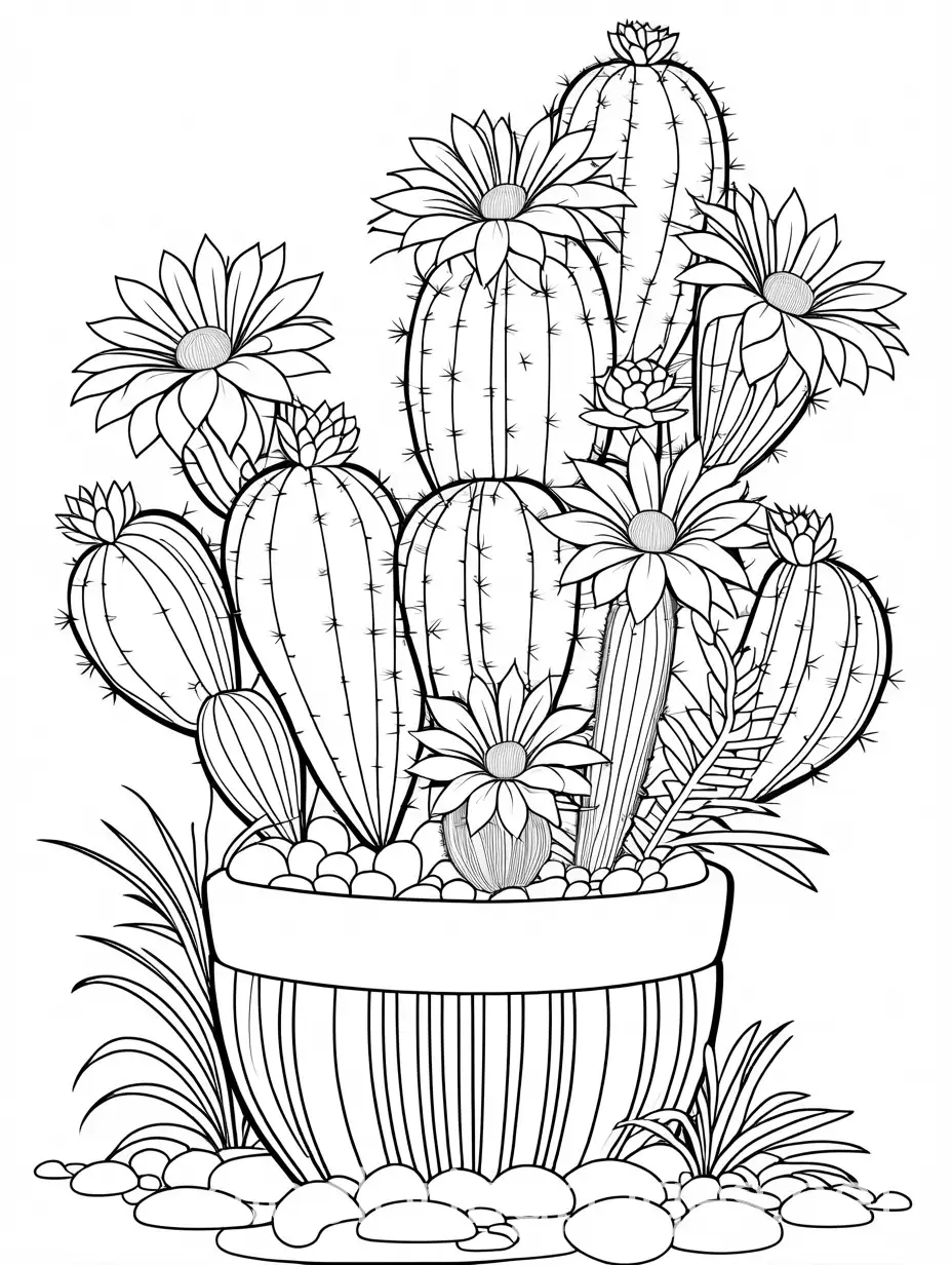 A cactus with blooming flowers on top, Coloring Page, black and white, line art, white background, Simplicity, Ample White Space. The background of the coloring page is plain white to make it easy for young children to color within the lines. The outlines of all the subjects are easy to distinguish, making it simple for kids to color without too much difficulty