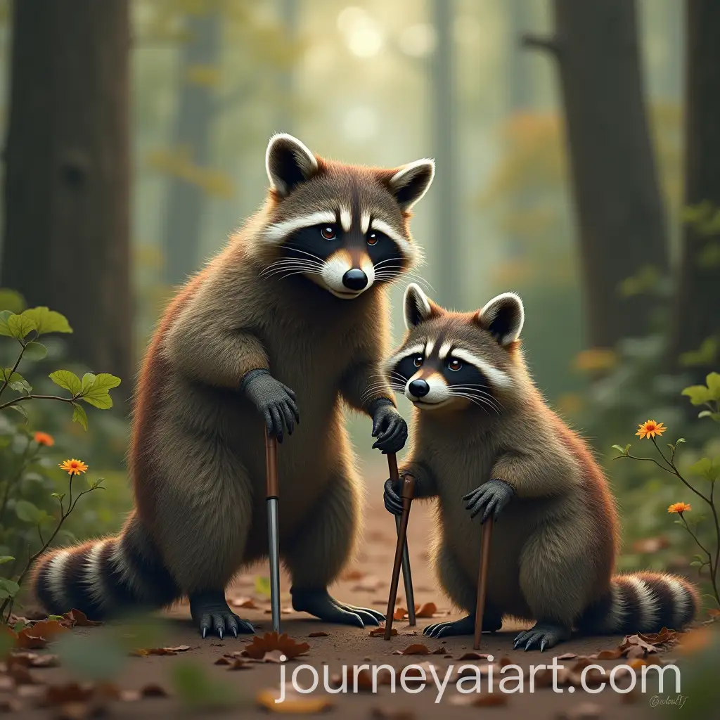 Raccoon-with-Broken-Leg-on-Crutches-Supported-by-Another-Raccoon-in-Forest