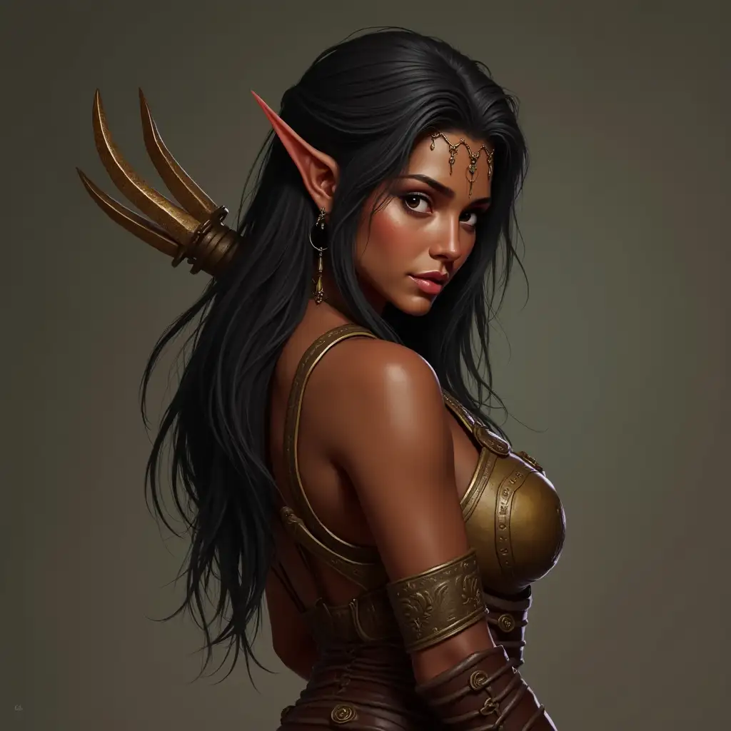 dragon age inquisition styled, realistic cg, dynamic pose, brown skinned indian woman, with elven ears