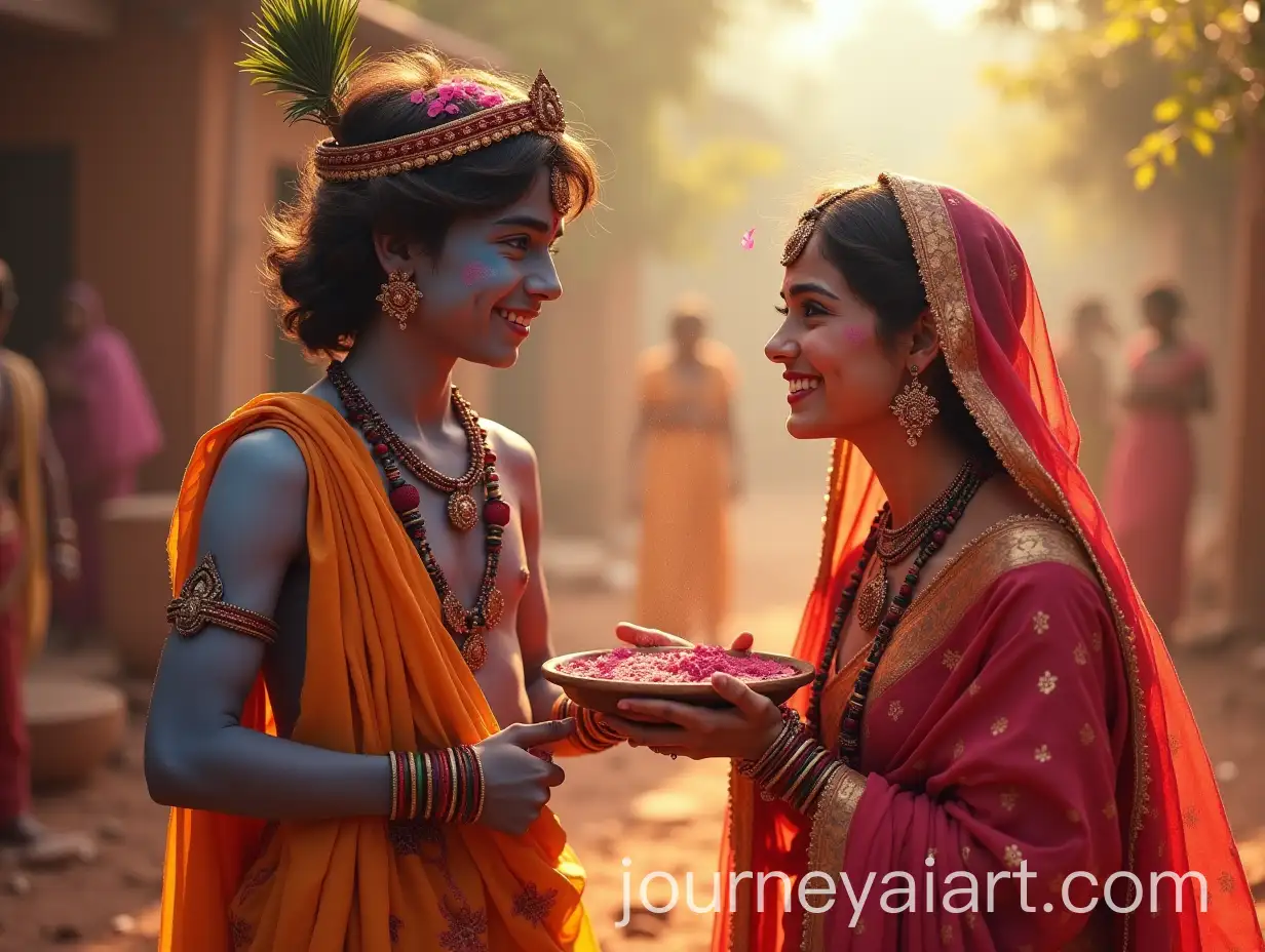 Lord-Krishna-and-Radha-Celebrating-Holi-in-a-Vibrant-Village-Setting