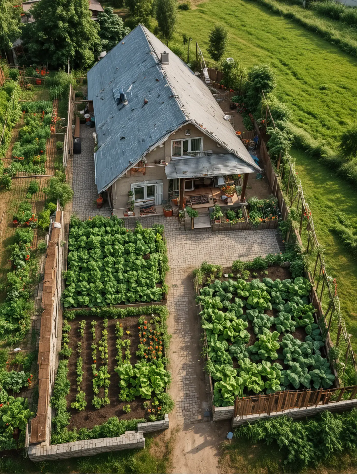 Rural house with yard,Modern style house, There is a vegetable patch in the yard,look down