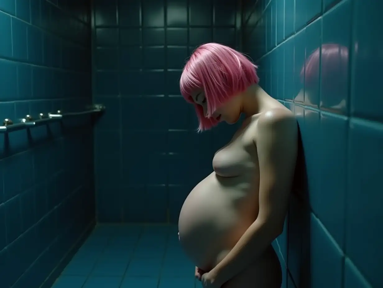 Girl-with-Pink-Bob-Cut-Wig-Leaning-Against-Wet-Blue-School-Wall