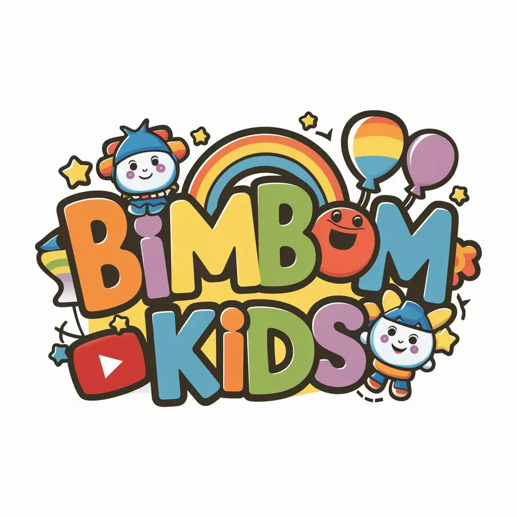 a vector logo design,with the text "BimBomKids", main symbol:Create a colorful and engaging banner for a children's YouTube channel called <i>BimBom</i>. The design should feature vibrant, playful colors and include animated characters, toys, and fun shapes. The banner should have a cheerful, whimsical look with easy-to-read text that captures the joy and imagination of childhood. Include elements like rainbows, balloons, and stars to make the banner visually appealing to young children and their parents.,Moderate,clear background