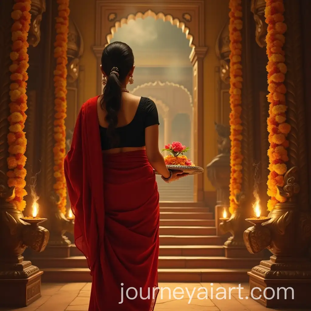 Maharashtrian-Lady-in-Red-Saree-Entering-Temple-with-Pooja-Thali