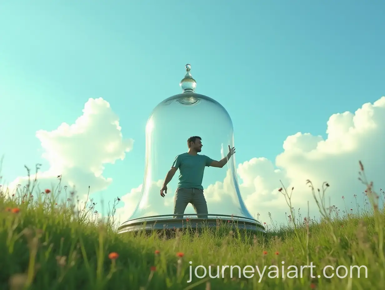 Man-Trapped-in-Glass-Bell-Surrounded-by-Lush-Nature