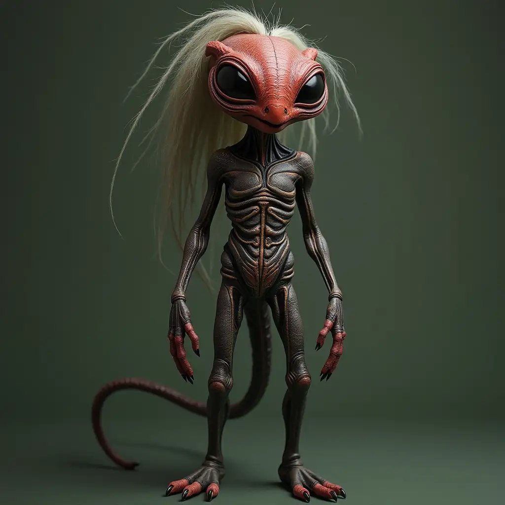 Alien female red,black,green skin with wise stripes hairy grey legs