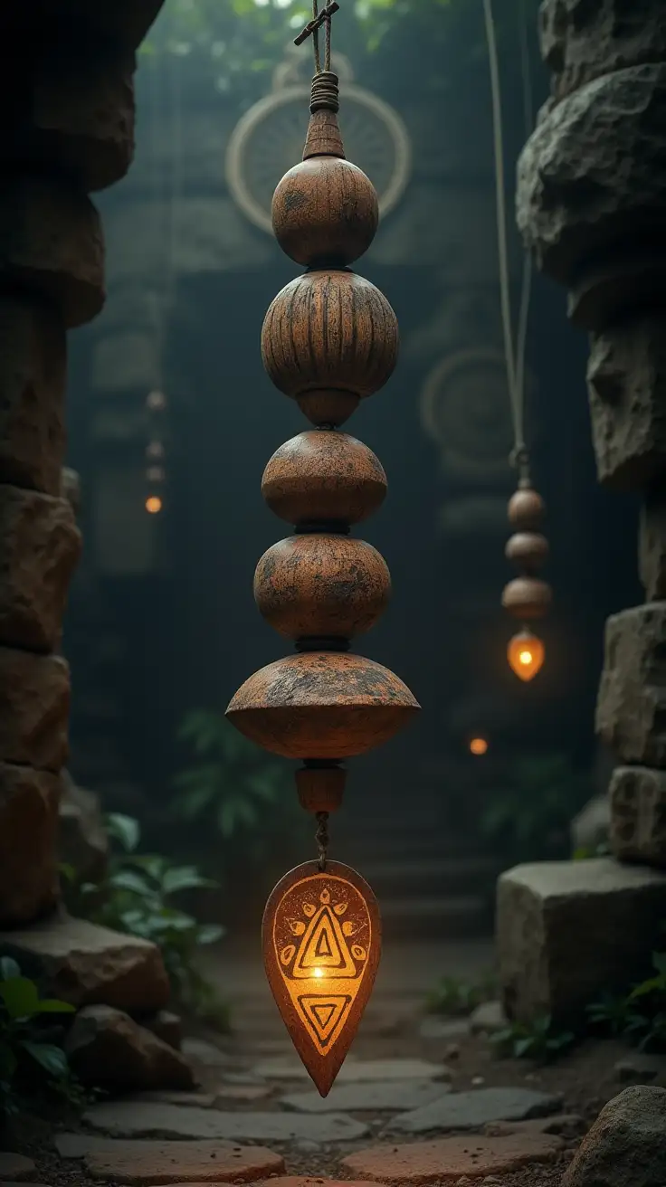 Create an image of a thick wooden pendulum made up of domes and discs in a polynesian style and with a pointed tip hanging from a cord in front of a mysterious Polynesian stone structure in a dark mysterious setting with ancient geometric glowing symbols floating around.