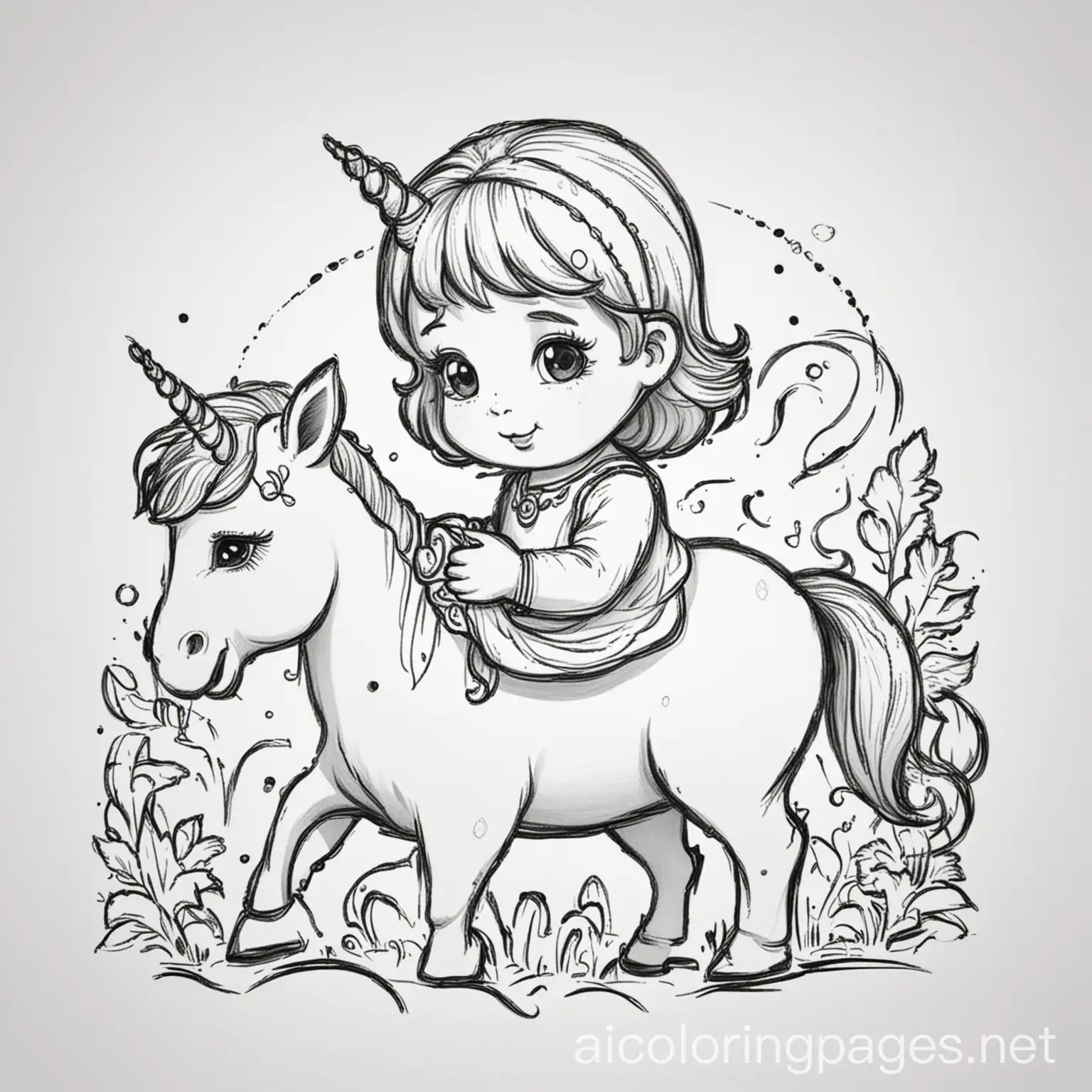 A human baby playing with a unicorn, Coloring Page, black and white, line art, white background, Simplicity, Ample White Space, Coloring Page, black and white, line art, white background, Simplicity, Ample White Space. The background of the coloring page is plain white to make it easy for young children to color within the lines. The outlines of all the subjects are easy to distinguish, making it simple for kids to color without too much difficulty