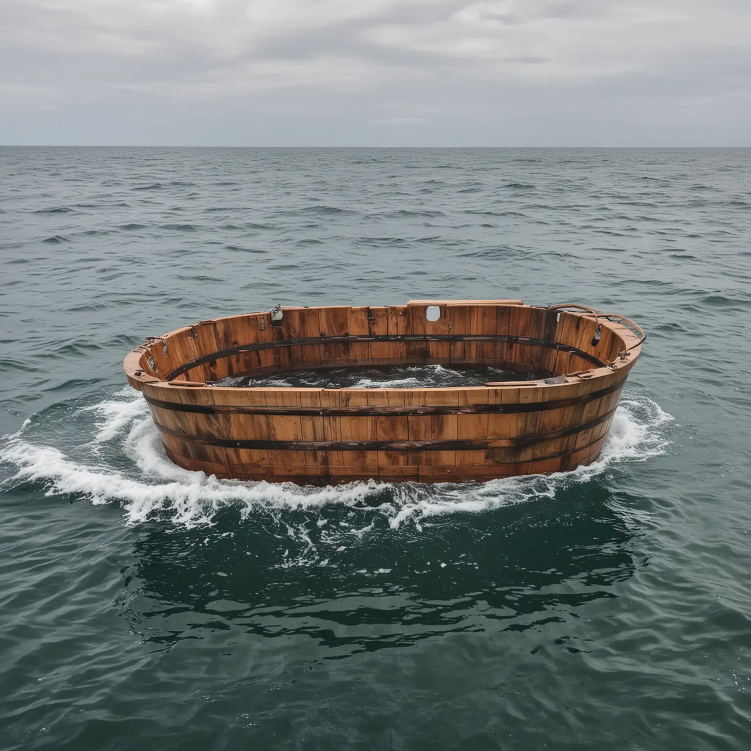 Solitary Wooden Tub Floating Adrift in the Ocean