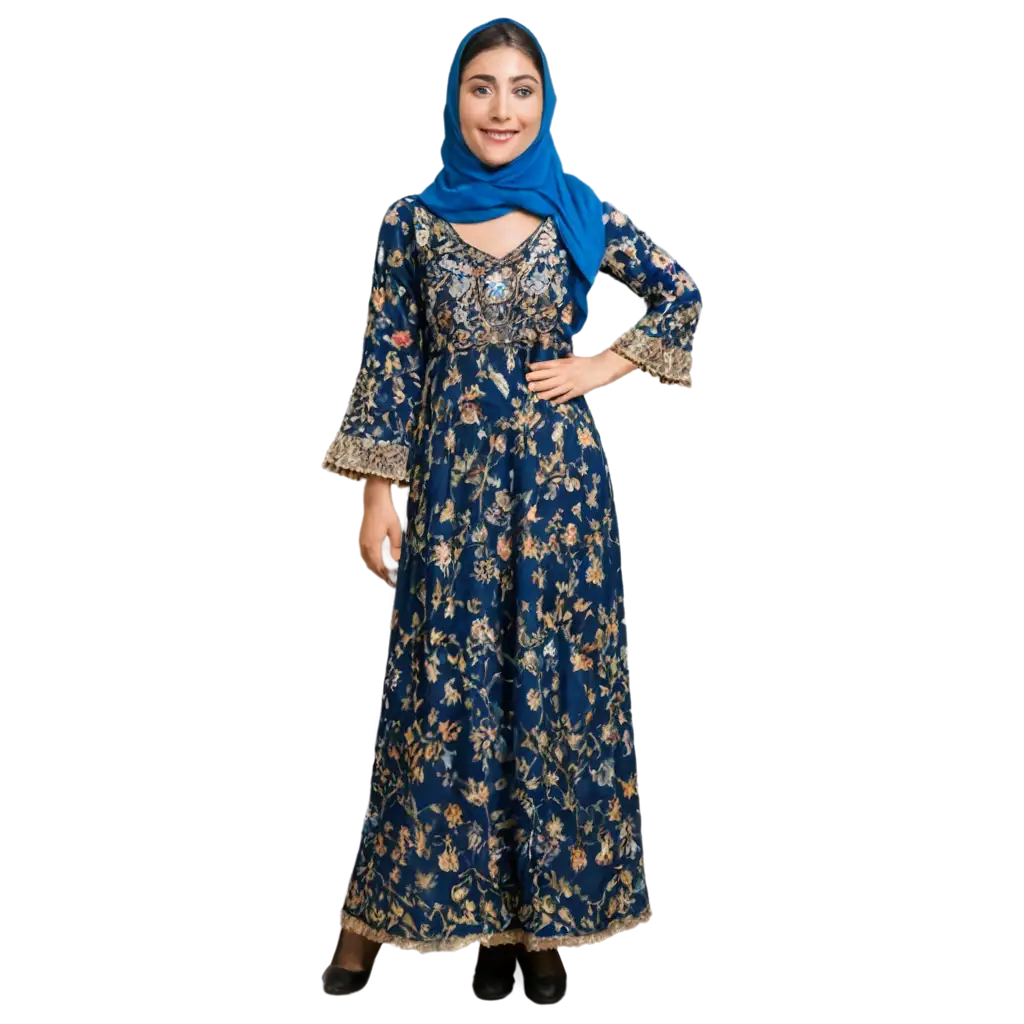 Elegant-Iranian-Woman-in-Blue-and-Floral-Traditional-Dress-HighQuality-PNG-Image