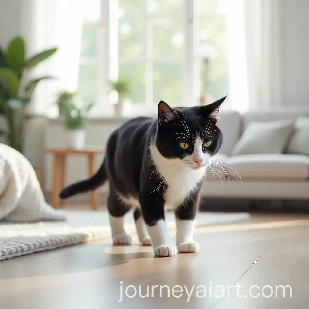 Sleepy-Tuxedo-Cat-Walking-Towards-the-Living-Room-in-Bright-Minimalist-Setting