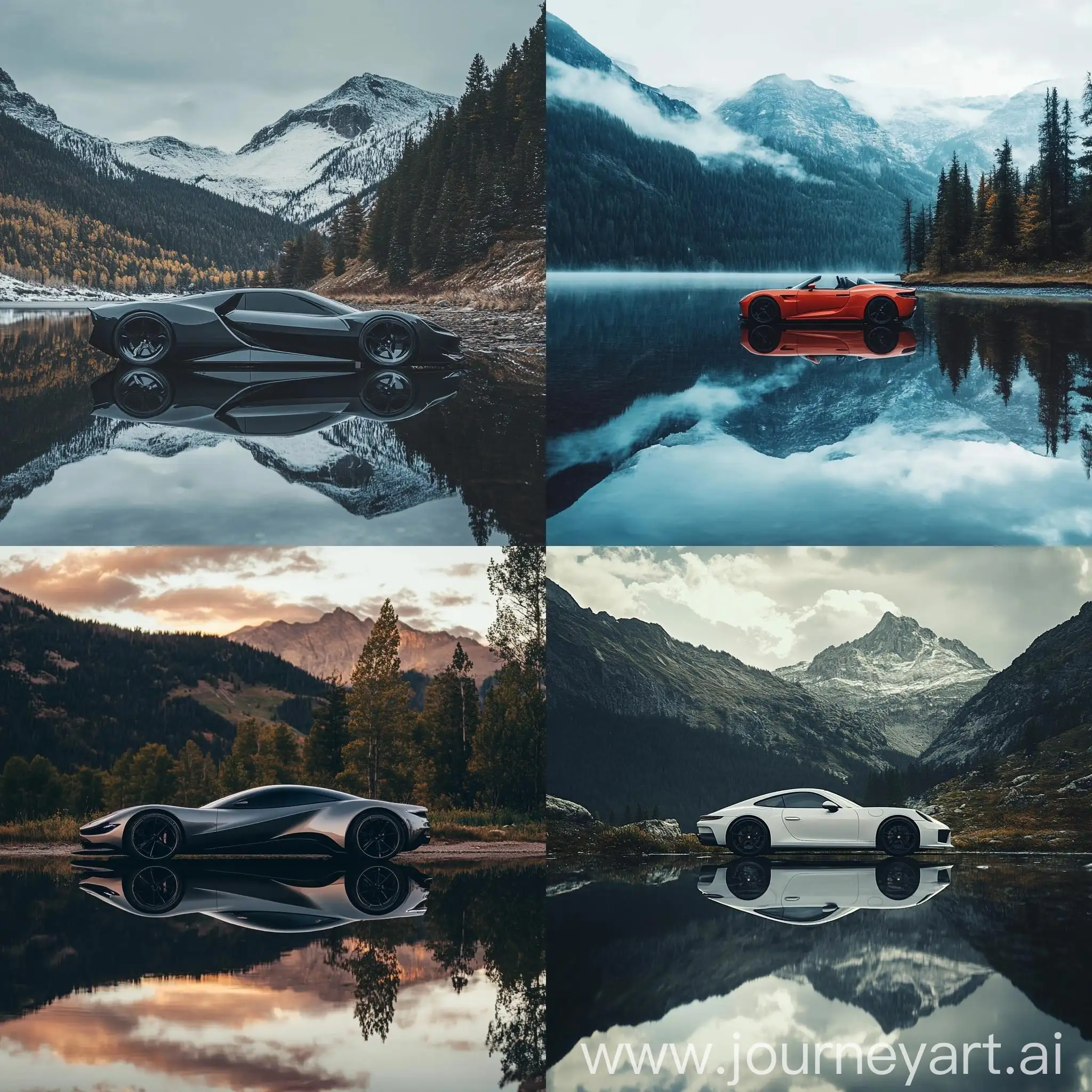 Modern-Car-Parked-by-Rocky-Mountain-Lake-with-Reflection