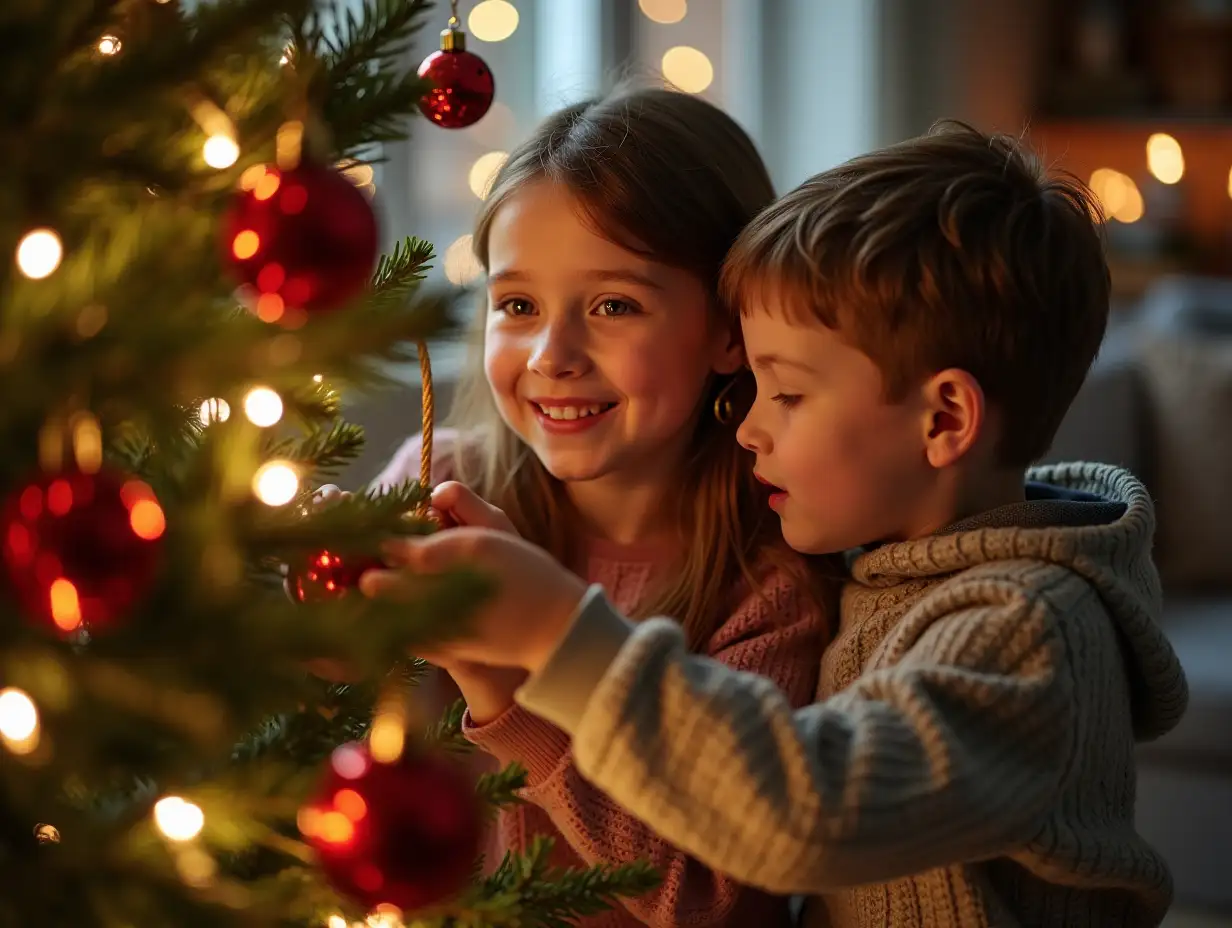 Children Decorating Christmas Tree in Realistic Holiday Scene