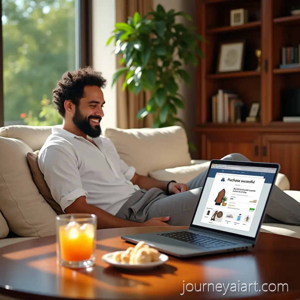 Gulf-Arab-Man-Relaxing-in-Sunlit-Living-Room-After-Successful-Online-Shopping