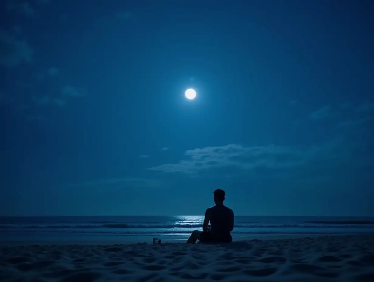 blue theme with moonlight in beach saw beach one man sit on beach with black shade   corner and pic is side wise show un png format