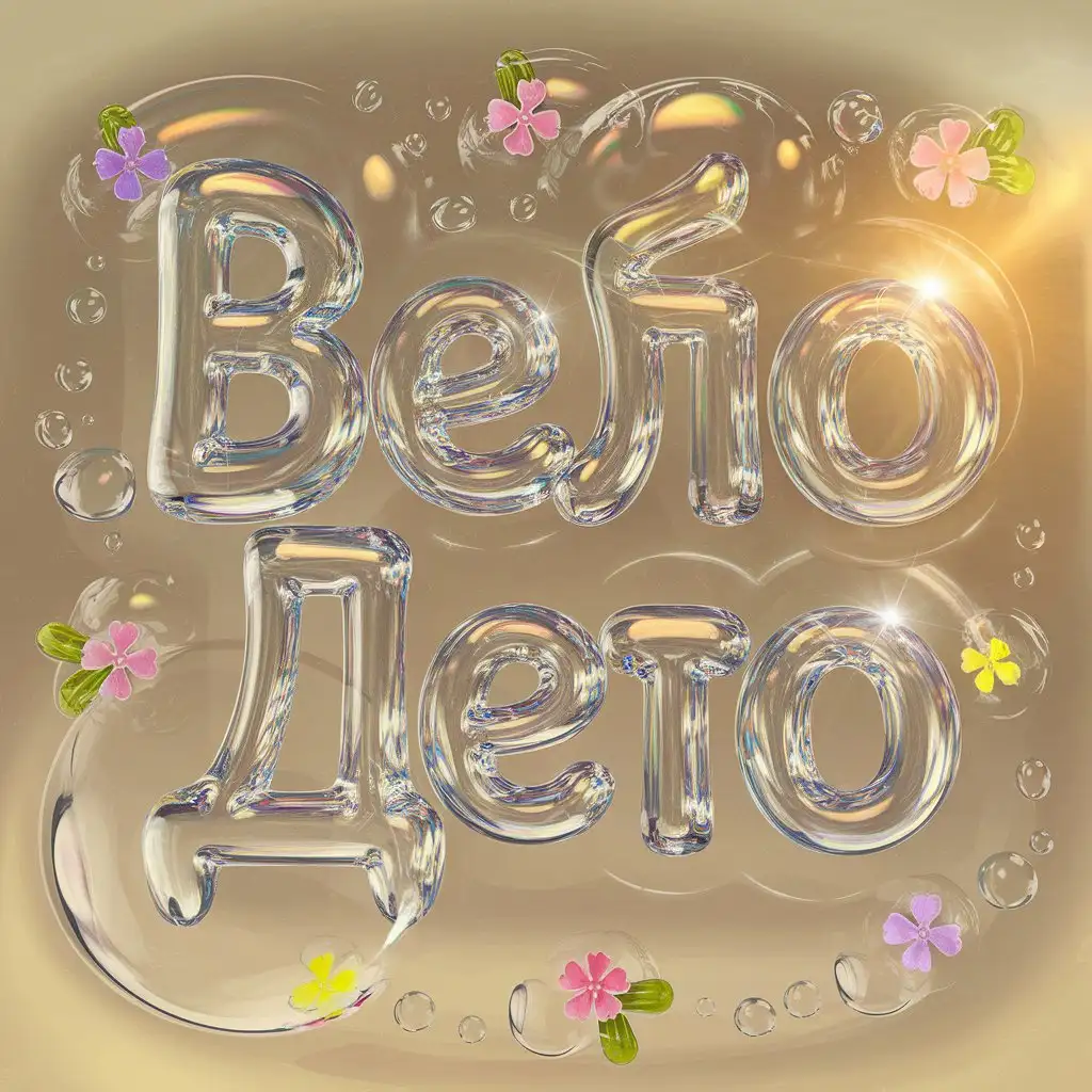 Imagine a realistic 3D image with the Russian phrase 'Вело лето' made out of shiny, transparent glass bubbles. It's set against a soft beige background and surrounded by little colorful flowers and water droplets. The sun adds a warm, golden touch.