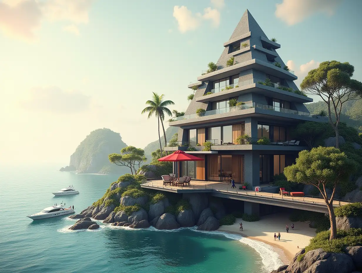 Create a high-resolution, realistic panoramic image of a futuristic terrace building with window pyramid house with bridge, a yacht and a small beach with people, many plants and grey and brown facades with sea with waves, big trees, red clouds