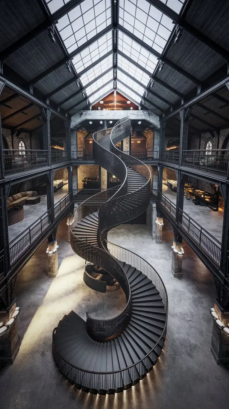 Architectural rendering, bird's-eye view, showcasing a spiral staircase in a spacious, modern loft apartment. The staircase is made of dark, wrought iron with delicate, curving lines, contrasting against light concrete floors. The space is open and airy, with sunlight streaming in from above. Style: Industrial chic, urban loft, artistic rendering, detailed textures, dramatic lighting