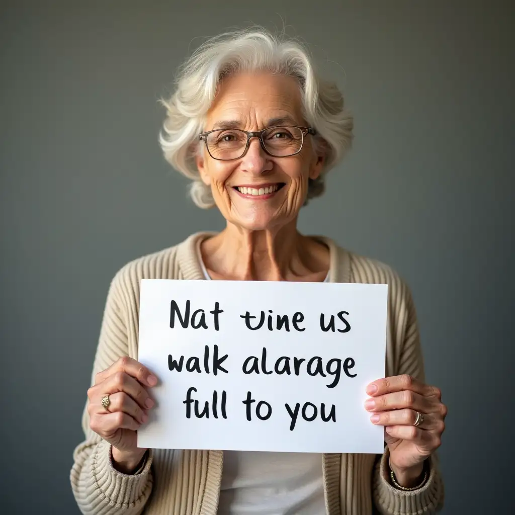 friendly looking elderly woman holding a useless motivational slogan in her hands