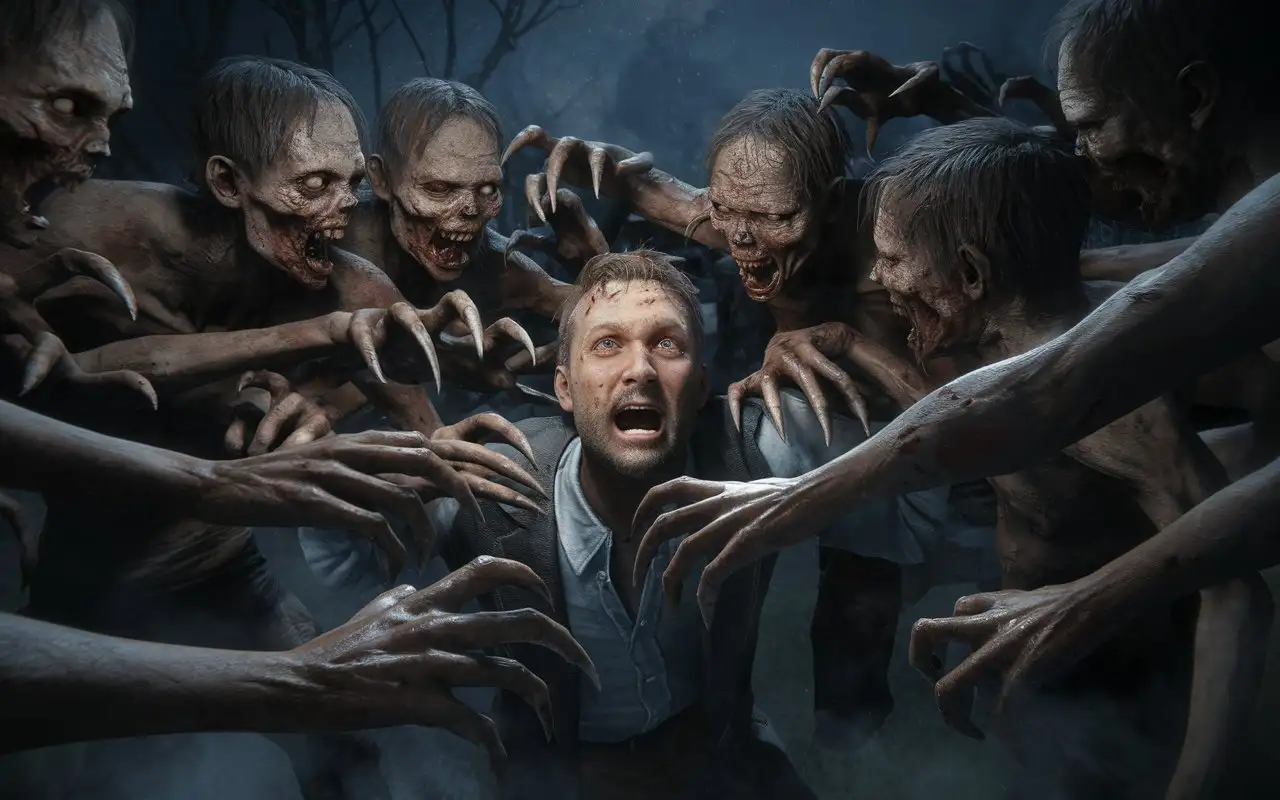 Terrifying-Horde-of-Zombies-Attacking-a-Defenseless-Man-in-a-Nightmarish-Setting