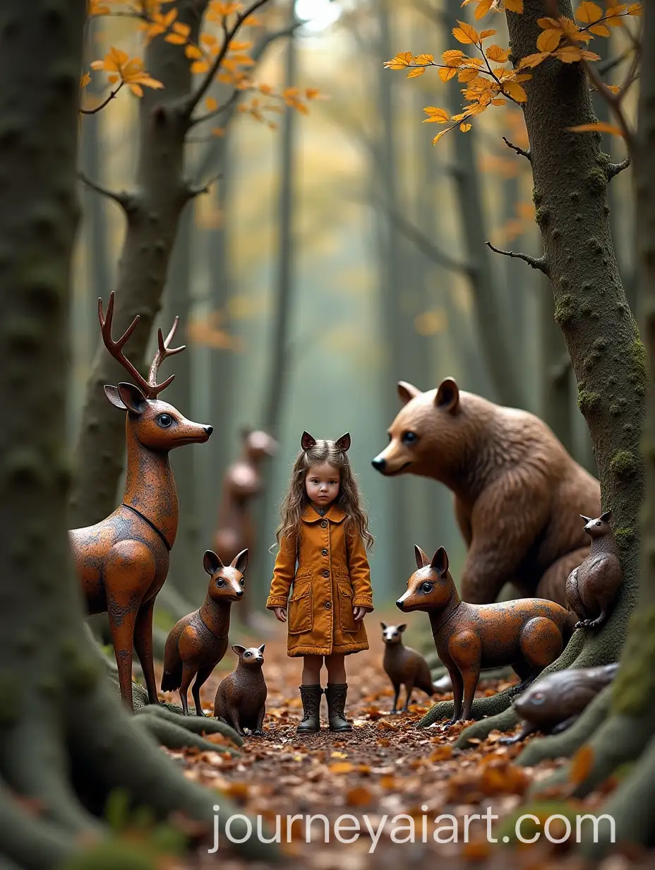 Little-Girl-in-Fairytale-Forest-with-Rusty-Metal-Animals-and-Gears