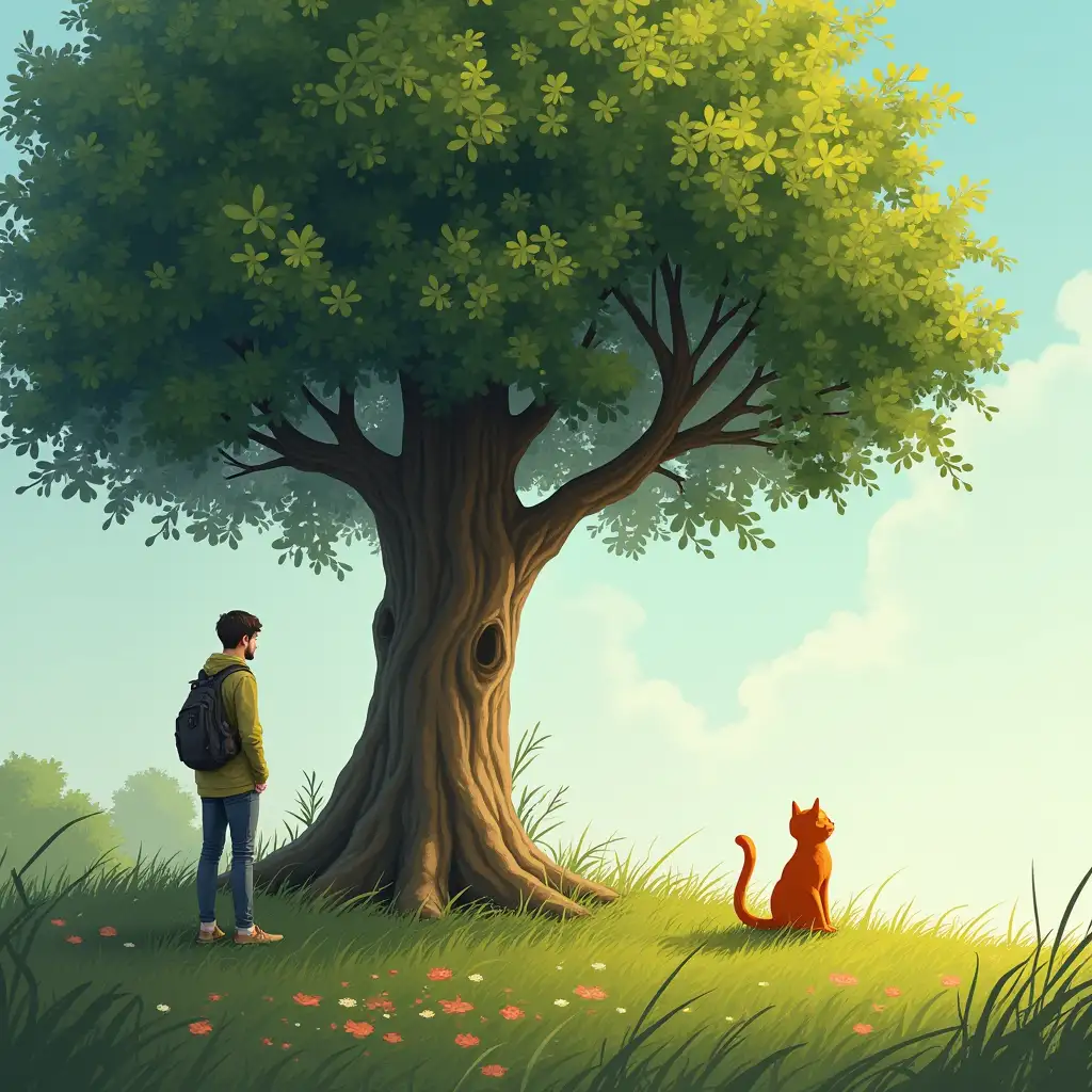 Man standing near orange cat under a big tree, 4D