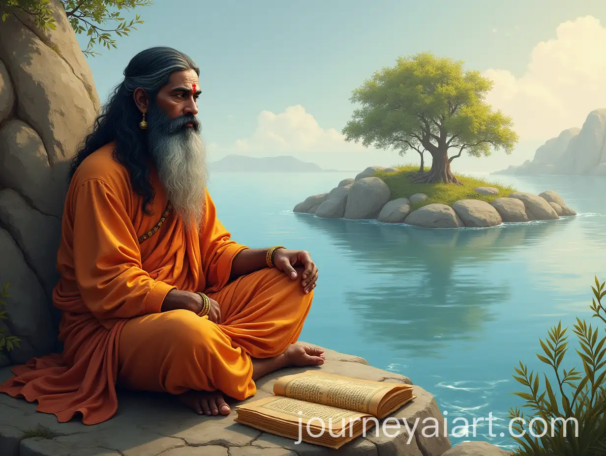 Maharishi-Ved-Vyasa-Seated-by-a-Tranquil-River-with-Sacred-Texts