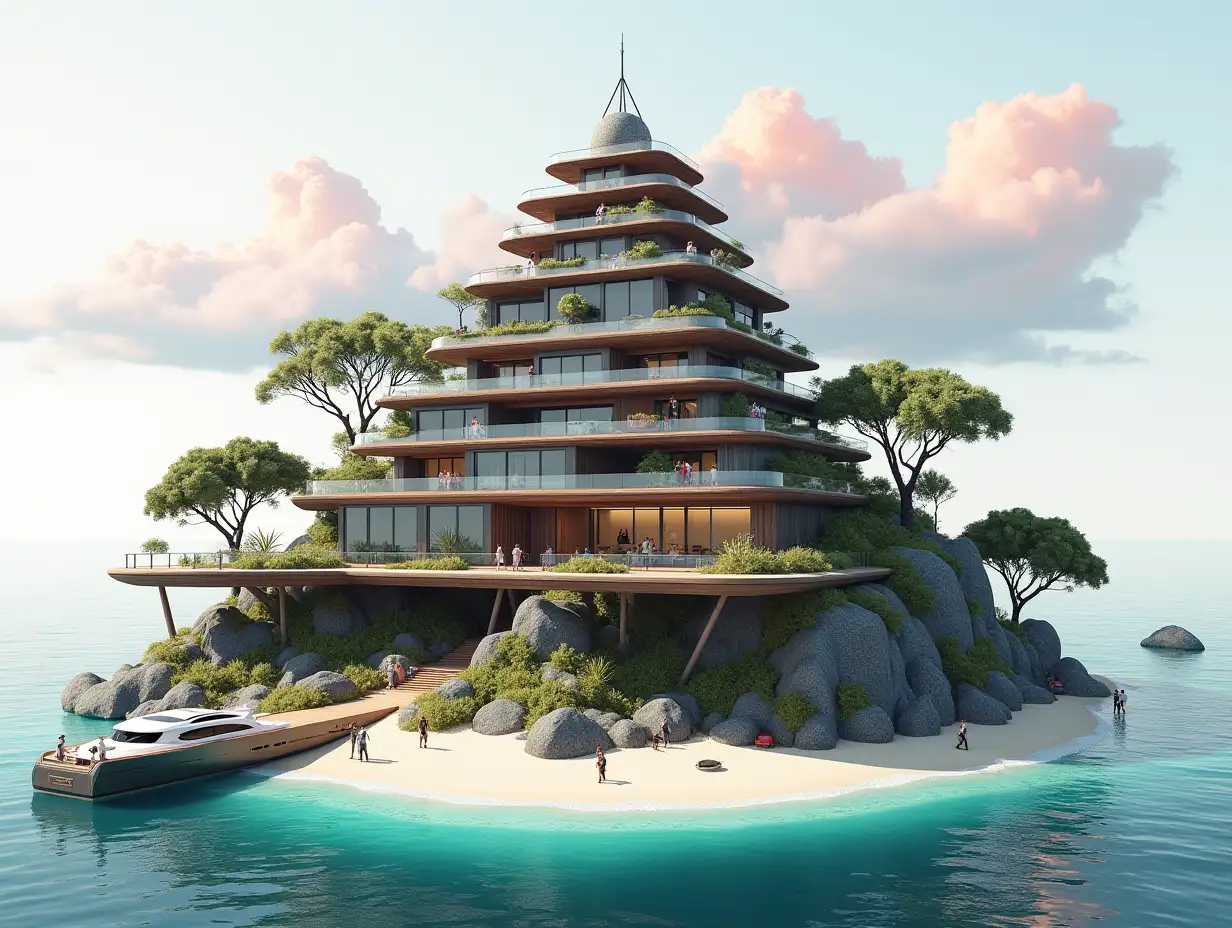 Create a high-resolution, realistic panorama image of a futuristic terraced building with window pyramid house with bridge, a yacht and a small beach with people, many plants and grey and brown facades with sea with waves, large trees, red clouds