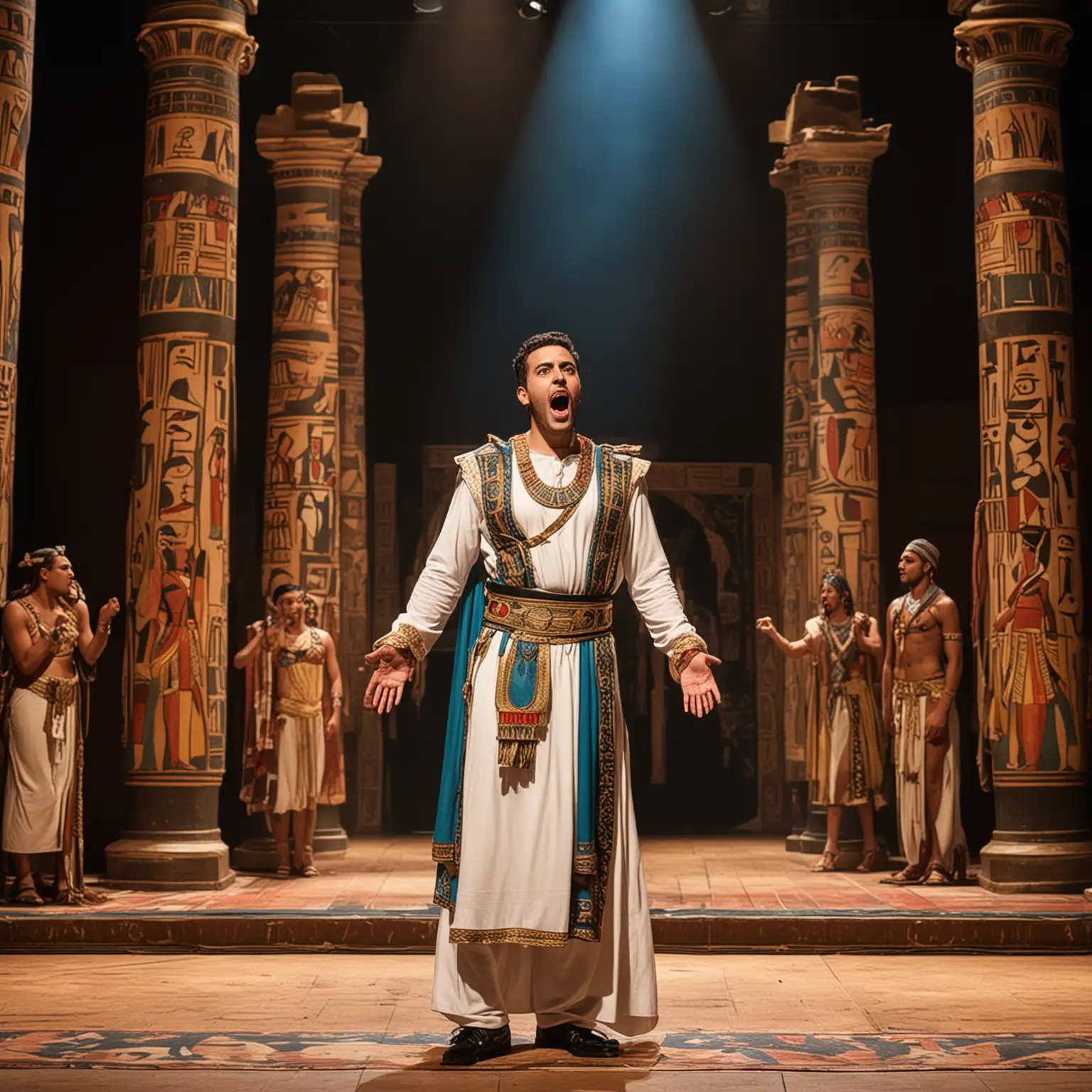 Male-Opera-Singer-Performing-Aria-in-Egyptian-Costume-on-Stage