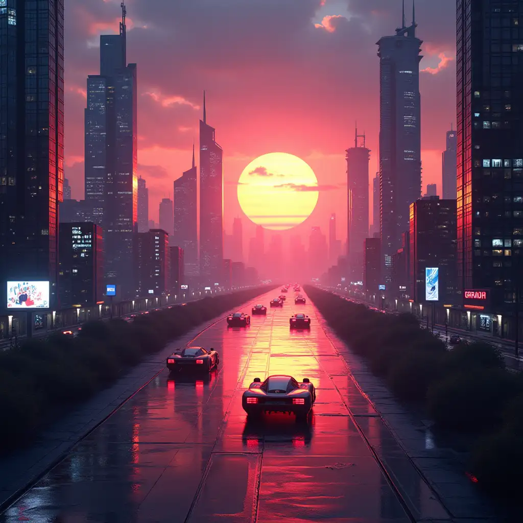 A futuristic cityscape at sunset, with flying cars and neon lights reflecting on glass skyscrapers, in a cyberpunk style