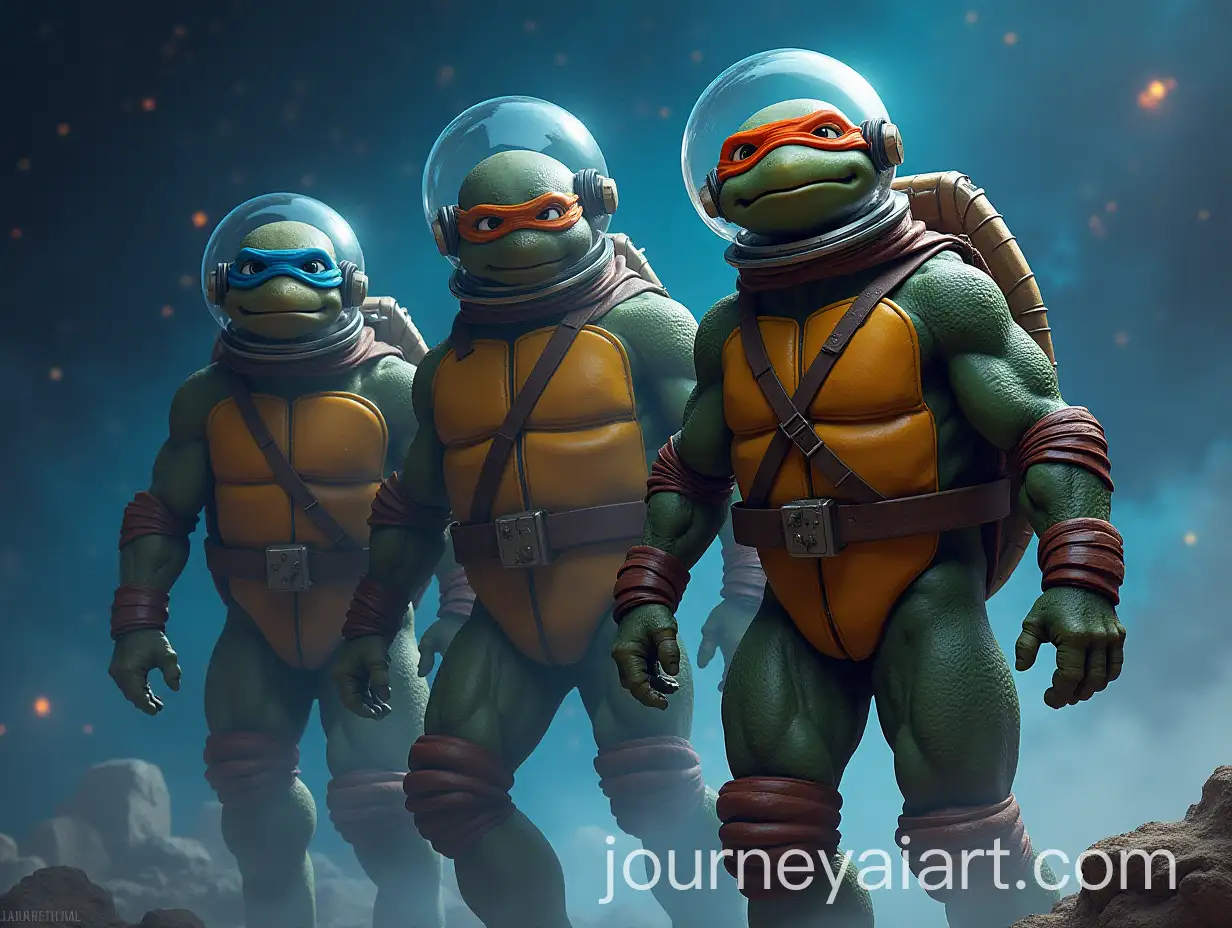 Teenage-Mutant-Ninja-Turtles-as-Cosmonauts-Floating-in-Space-with-Stars