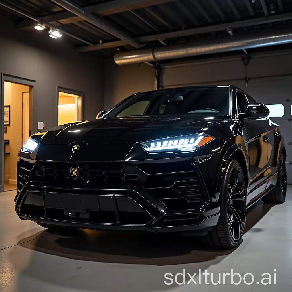 Lamborghini urus noir in a luxury garage