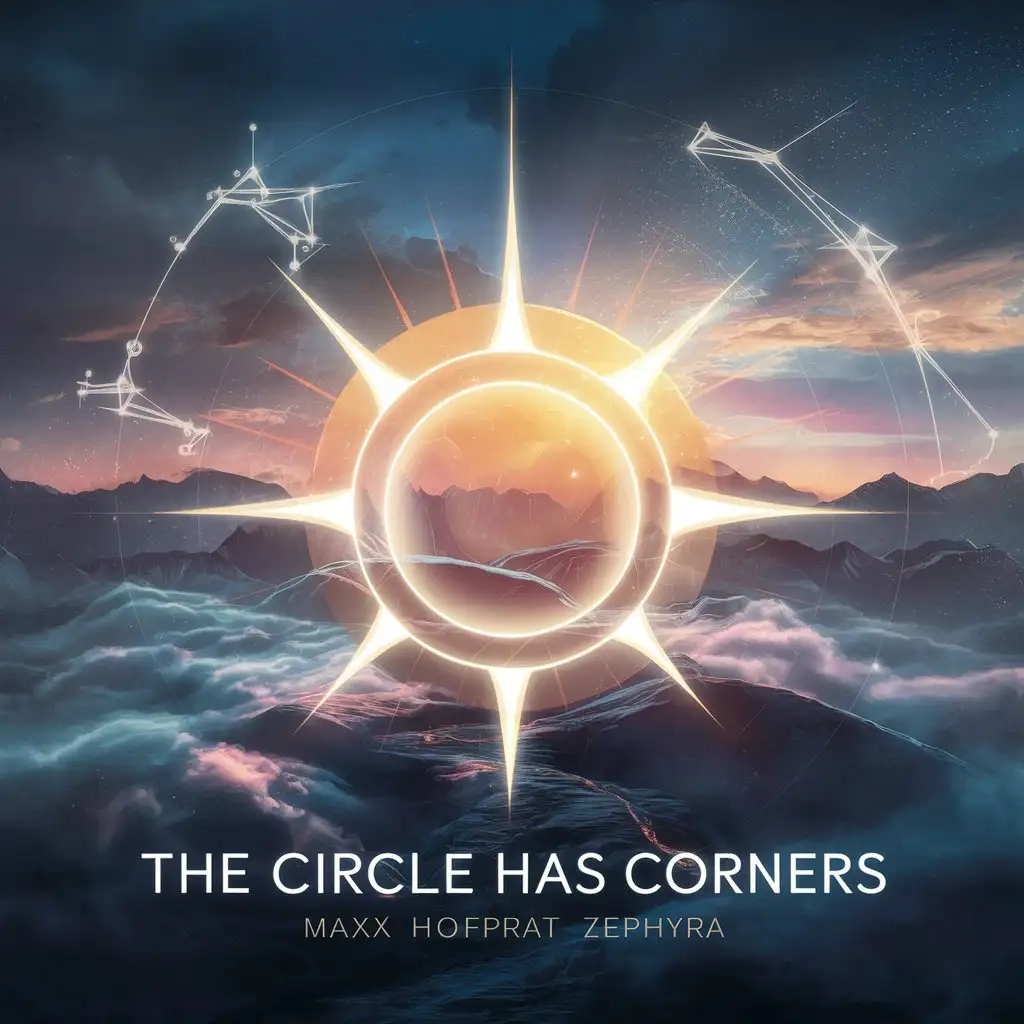 LOGO Design for The Circle Has Corners MaXX Hofrat Zephyra Vibrant Ethereal Landscape with Glowing Circle and Golden Sun