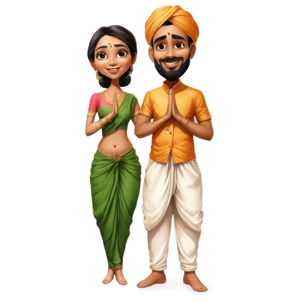 South-Indian-Couple-Caricature-in-Traditional-Dhoti-and-Saree-PNG-Image-for-Cultural-Celebrations