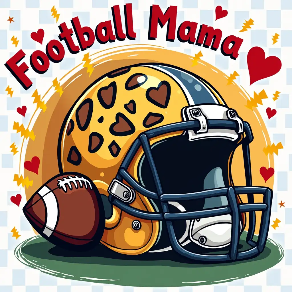 vector, 64k. A vibrant football-themed scene with a playful and energetic atmosphere. A leopard-print football helmet sits beside a brown and white football, surrounded by hearts and lightning bolts. A checkered background adds to the dynamic feel. The overall style is detailed and colorful, with a focus on the excitement and passion of being a football mom. featuring the word 'Football Mama' in bold, center.